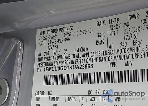 2019 Ford Escape Se z USA, uszkodzony, nr VIN 1FMCU0GD1KUA23868